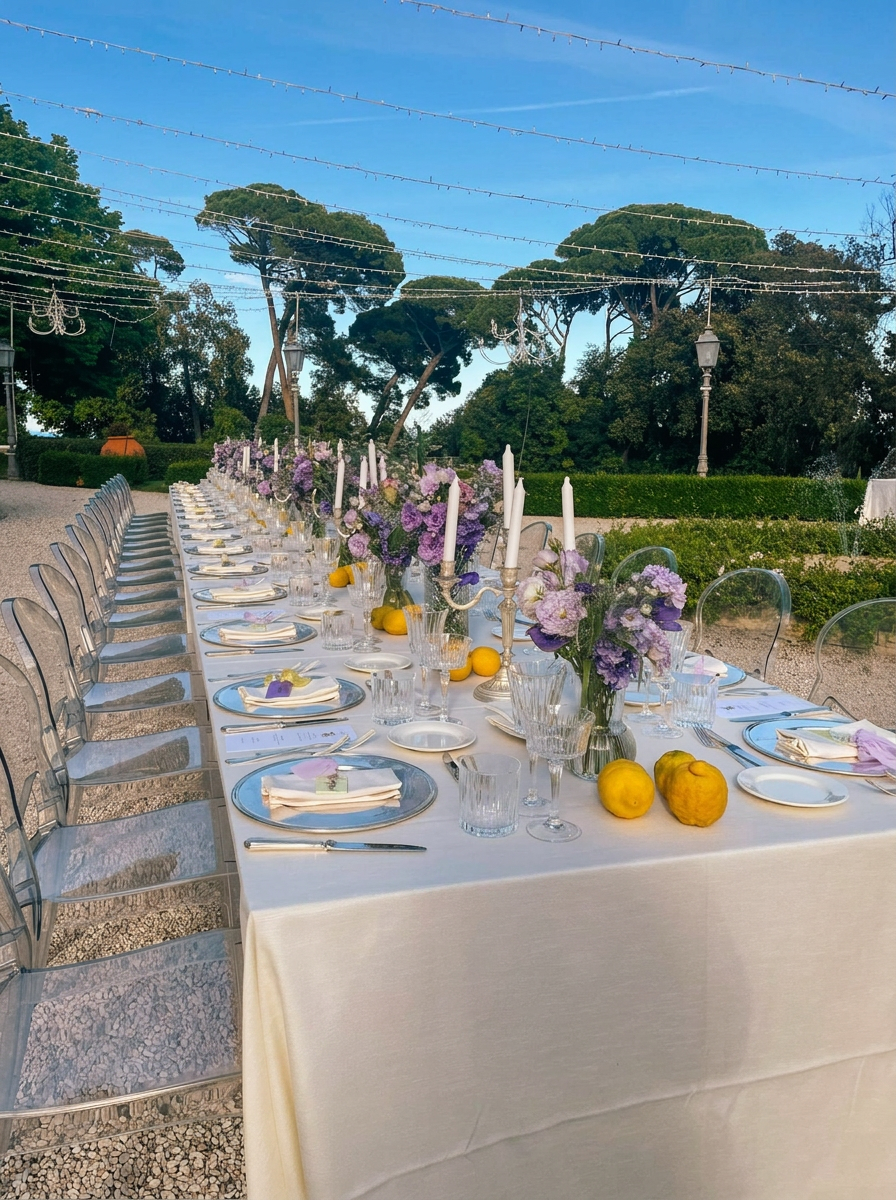 Tavolata imperiale con fiori lilla e candele nel parco della villa